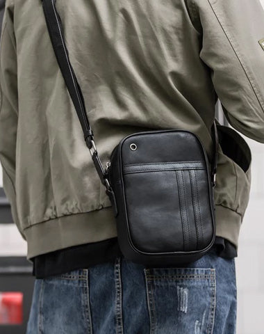 Black LEATHER MENS VERTICAL MINI SIDE BAG SMALL MESSENGER BAGS Black COURIER BAG FOR MEN