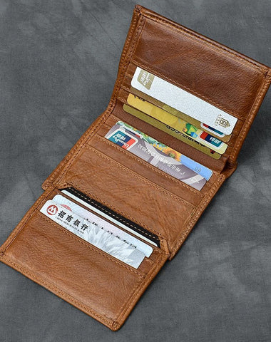 Brown Waxed Leather Mens Small Wallet billfold Trifold Card Wallet For Men