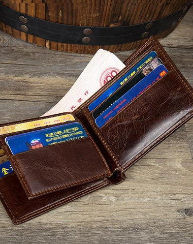 Brown Cool Leather Mens Thin Small Wallet Front Pocket Wallet Trifold billfold Wallets for Men