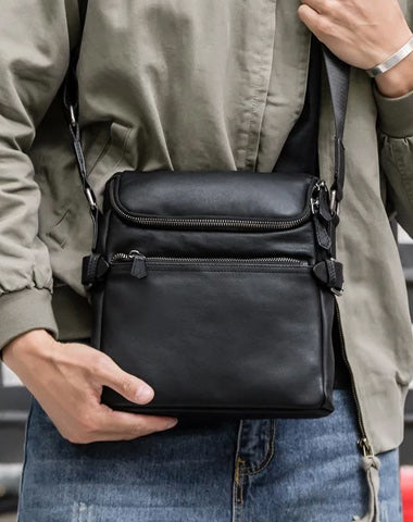 Black Soft Leather Mens 10 inches Vertical Postman Bag Black Messenger Bags Side Bag for Men