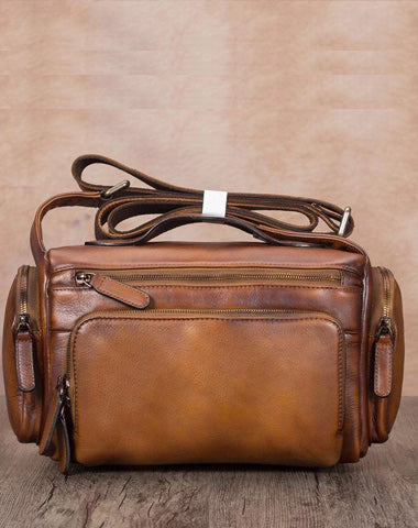 Brown VIntage Mens Leather Small Messenger Bag Tan SIde Bag Blue Courier Bag for Men