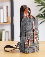 Canvas Mens Folk Gray Chest Bag One Shoulder Backpack Gray Sling Bag for Men