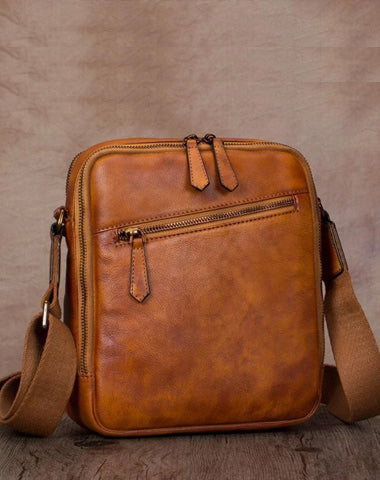 Vintage Small Vertical Leather Brown Small Messenger Bag Black Side Bag Courier Bag for Men