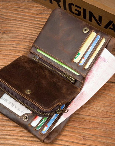 Brown Cool Leather Mens Trifold Small Wallet billfold Wallet Bifold Pocket Small Wallet for Men