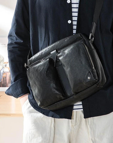 Black Cool Leather Mens 13 inches Side Bag Messenger Bags Black Courier Bags Postman Bag for Men