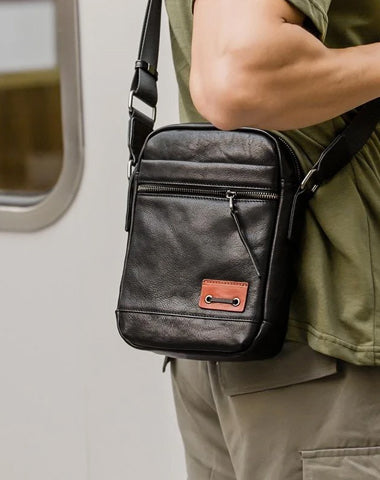 Black Small Leather Mens Vertical Side Bag Black Mini Postman Bag Messenger Bags Phone Bag for Men