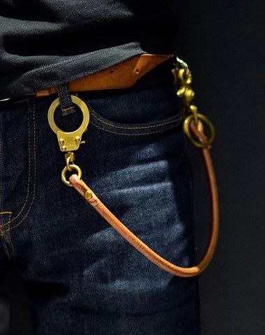 Cool Men's Leather Gold Brass Hook Key Chain Pants Chain Biker Wallet Chain For Men