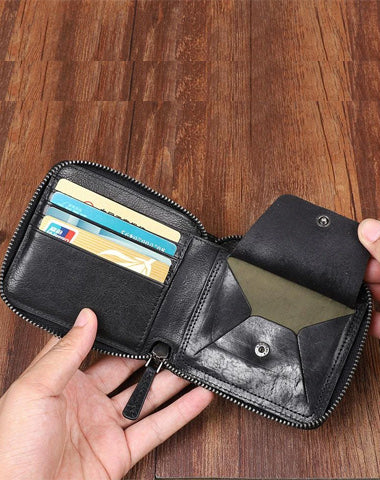 Cool Leather Mens Black Zipper Small billfold Wallet Leather Wallet Bifold billfold Wallets for Men