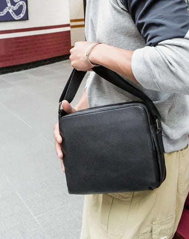Black Cool Leather Mens 10 inches Side Bag Postman Bag Black Black Messenger Bags Courier Bag for Men