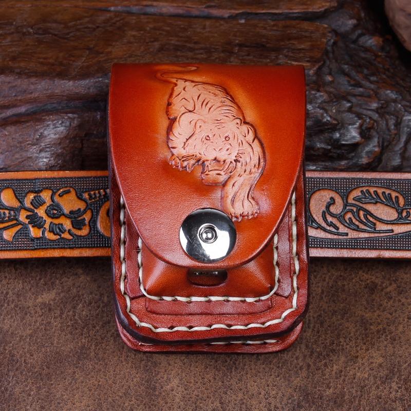 Cool Leather Mens Engraved Tiger Cigarette Holder Cases lighter Holder for Men