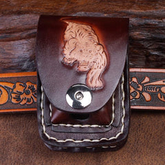 Cool Leather Mens Engraved Tiger Cigarette Holder Cases lighter Holder for Men