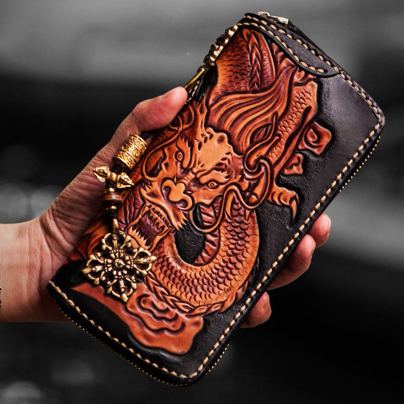 Handmade Leather Tooled Chinese Dragon Mens Chain Biker Wallet Cool Leather Wallet Zipper Long Phone Wallets for Men