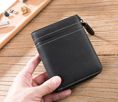 Handmade Leather Mens Cool Slim Leather Zipper Wallet Men Small billfold Wallets Bifold for Men