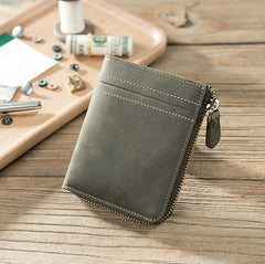 Handmade Leather Mens Cool Slim Leather Zipper Wallet Men Small billfold Wallets Bifold for Men