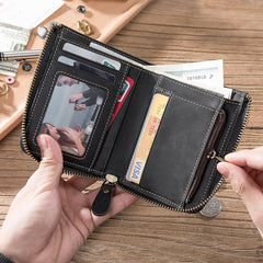 Handmade Leather Mens Cool Slim Leather Zipper Wallet Men Small billfold Wallets Bifold for Men