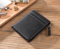 Handmade Leather Mens Cool Slim Leather Zipper Wallet Men Small billfold Wallets Bifold for Men