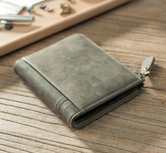 Handmade Leather Mens Cool Slim Leather Zipper Wallet Men Small billfold Wallets Bifold for Men