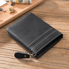 Handmade Leather Mens Cool Slim Leather Zipper Wallet Men Small billfold Wallets Bifold for Men