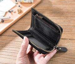 Handmade Leather Mens Cool Slim Leather Zipper Wallet Men Small billfold Wallets Bifold for Men