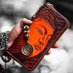 Handmade Leather Mens Tooled Buddha&Demon Chain Biker Wallet Cool Leather Wallet Long Clutch Wallets for Men