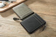 Handmade Leather Mens Cool Slim Leather Zipper Wallet Men Small billfold Wallets Bifold for Men