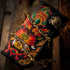 Handmade Leather Monster Mens Chain Biker Wallets Cool Tooled Leather Wallet Long Wallets for Men