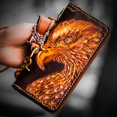 Handmade Leather Mens Tooled Eagle Chain Biker Wallet Cool Leather Wallets Long Wallets for Men