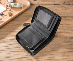 Handmade Leather Mens Cool Slim Leather Zipper Wallet Men Small billfold Wallets Bifold for Men