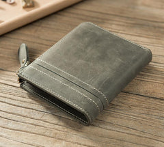 Handmade Leather Mens Cool Slim Leather Zipper Wallet Men Small billfold Wallets Bifold for Men