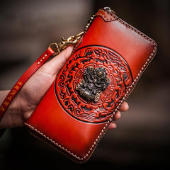 Handmade Leather Tibetan Mens Biker Chain Wallet Cool Leather Wallet Long Chain Wallet for Men