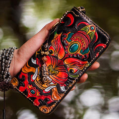 Handmade Leather Tooled Chinese Monster Mens Chain Biker Wallet Cool Leather Wallet Zipper Long Phone Wallets for Men