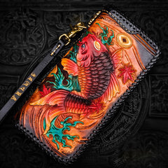 Handmade Leather Tooled Carp Mens Chain Biker Wallet Cool Leather Wallet Long Phone Wallets for Men