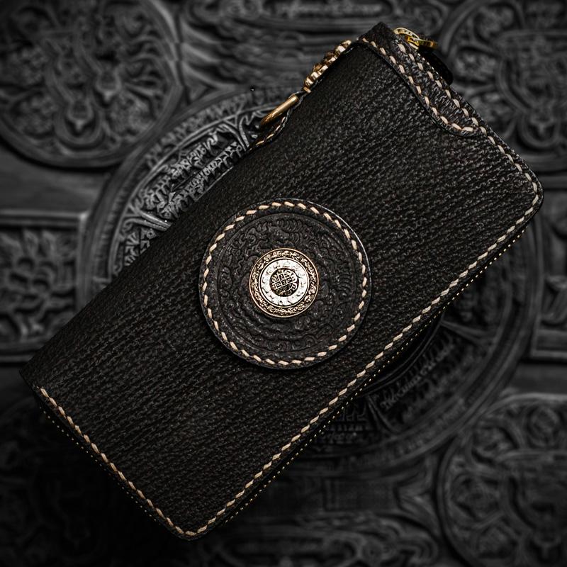 Handmade Leather Tibetan Mens Biker Chain Wallets Cool Leather Wallet Long Chain Wallets for Men