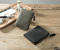 Handmade Leather Mens Cool Slim Leather Zipper Wallet Men Small billfold Wallets Bifold for Men