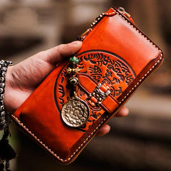 Handmade Leather Mens Tibetan Chain Biker Wallets Cool Leather Clutch Wallet Long Wallets for Men