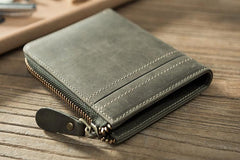 Handmade Leather Mens Cool Slim Leather Zipper Wallet Men Small billfold Wallets Bifold for Men