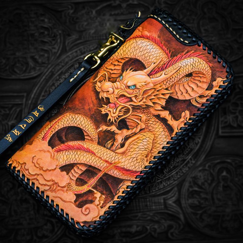 Handmade Leather Tooled Chinese Dragon Chain Wallet Mens Biker Wallet Cool Leather Wallet Long Phone Wallets for Men