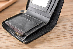 Handmade Leather Mens Cool Slim Leather Zipper Wallet Men Small billfold Wallets Bifold for Men