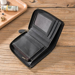 Handmade Leather Mens Cool Slim Leather Zipper Wallet Men Small billfold Wallets Bifold for Men