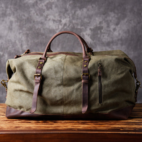 Canvas and Leather Duffle Bag Weekender Duffle Bag Green Canvas Duffle Bag Waxed Canvas Duffle Bag