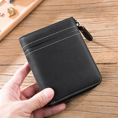 Handmade Leather Mens Cool Slim Leather Zipper Wallet Men Small billfold Wallets Bifold for Men