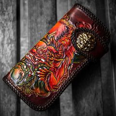 Handmade Leather Chinese Lion Mens Tooled Chain Biker Wallet Cool Long Leather Wallets With Chain Wallets for Men