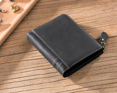 Handmade Leather Mens Cool Slim Leather Zipper Wallet Men Small billfold Wallets Bifold for Men