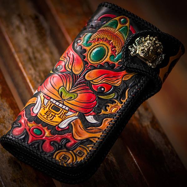 Handmade Leather Monster Mens Chain Biker Wallets Cool Tooled Leather Wallet Long Wallets for Men