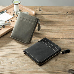 Handmade Leather Mens Cool Slim Leather Zipper Wallet Men Small billfold Wallets Bifold for Men