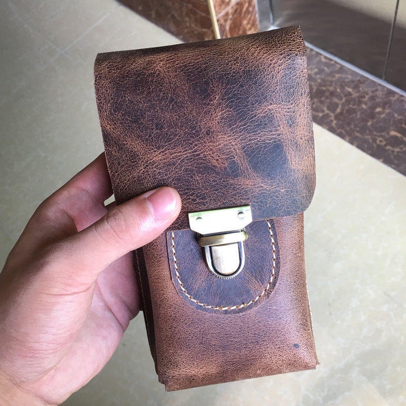 Vintage Leather Waist Bag Cellphone Loop Holster Mens Belt Bag