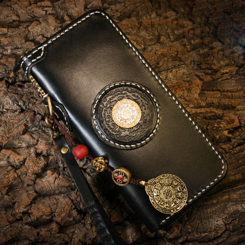 Handmade Leather Mens Biker Chain Wallet Cool Leather Biker Wallets Long Chain Wallet for Men