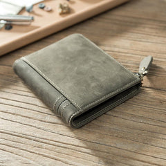 Handmade Leather Mens Cool Slim Leather Zipper Wallet Men Small billfold Wallets Bifold for Men