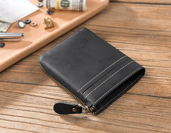 Handmade Leather Mens Cool Slim Leather Zipper Wallet Men Small billfold Wallets Bifold for Men