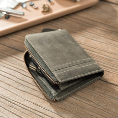 Handmade Leather Mens Cool Slim Leather Zipper Wallet Men Small billfold Wallets Bifold for Men